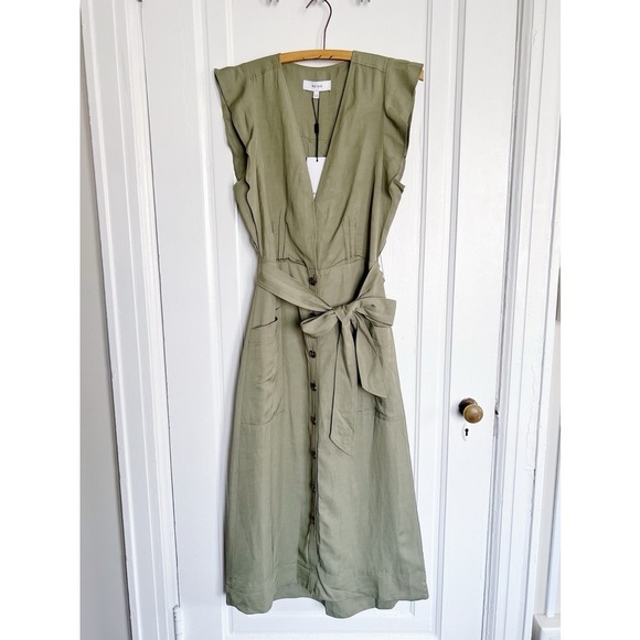 REISS • Emma Plunge Frill Shoulder Dress green midi button front tie waist belt - Picture 2 of 14